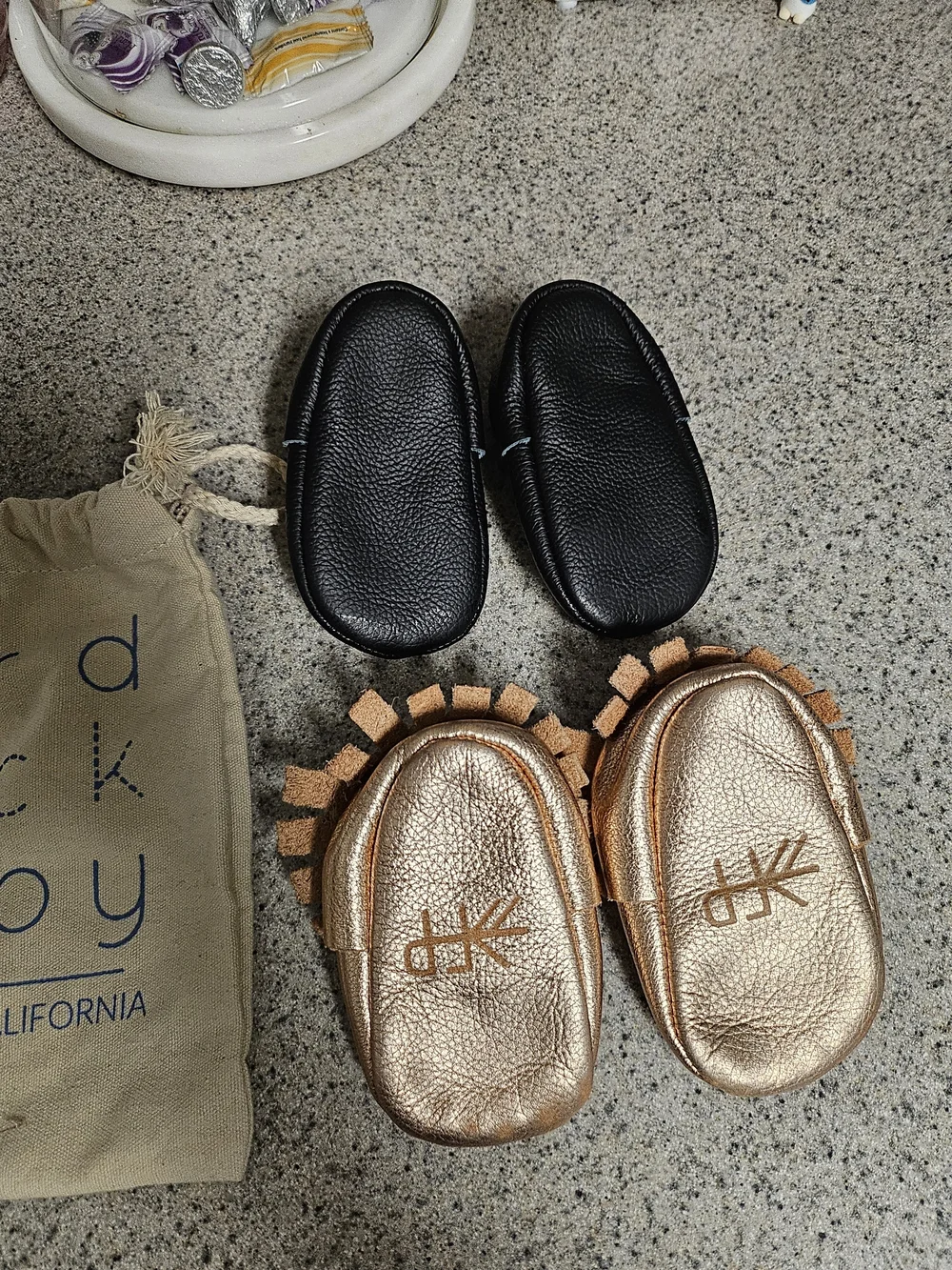 Freshly Picked Black and Rose Gold Baby Moccasins - Pair Set